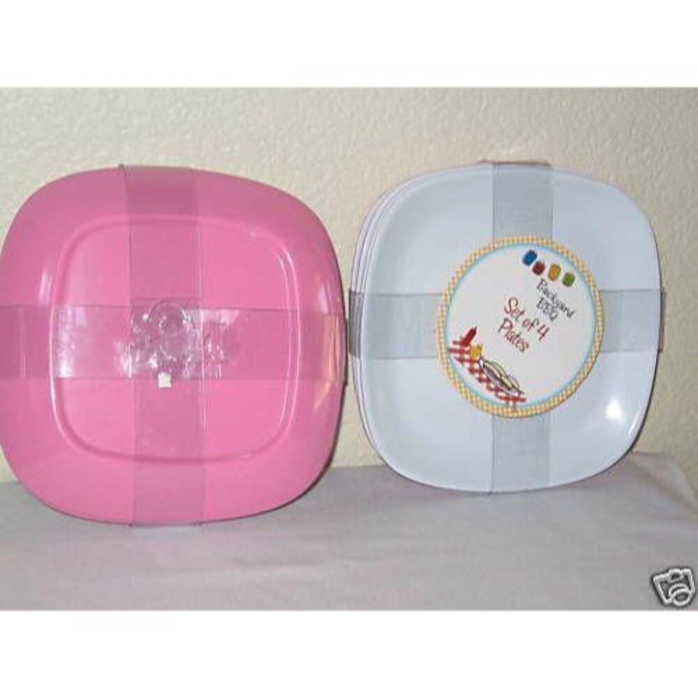 Backyard BBQ Set Of 4 Pink White Melamine 7" Square Plates Pool Picnic Outdoor
